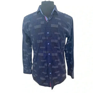 Spazio Mens Button Down Blue Shirt Size Large Slim Fit Casual Geometric